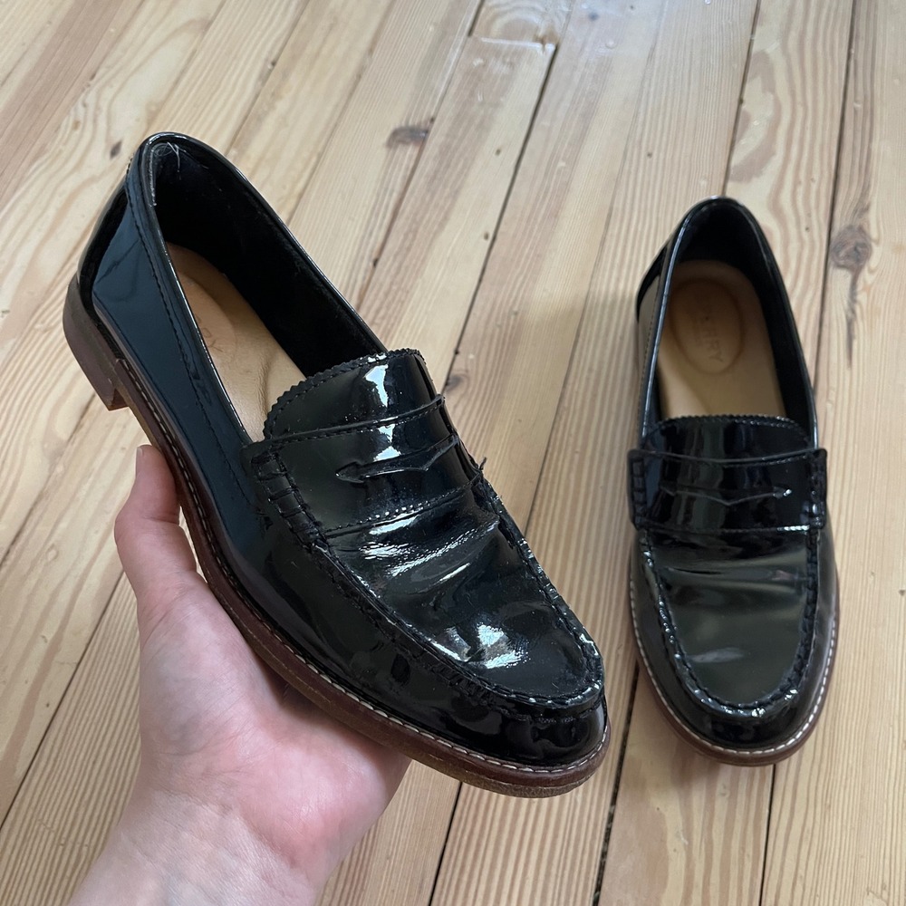 Sperry Seaport Penny Loafers Womens 7.5 Black Patent Leather STS81926 Slip On